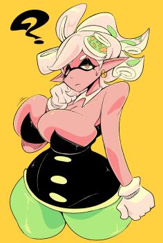 1girl ? arm_between_breasts breasts earrings georgewithas gloves hair_ornament highres inkling jewelry large_breasts marie_(splatoon) marie_(squid_sisters_outfit)_(splatoon) nintendo pointy_ears question_mark_print simple_background splatoon_(series) tagme tentacle_hair white_gloves yellow_background