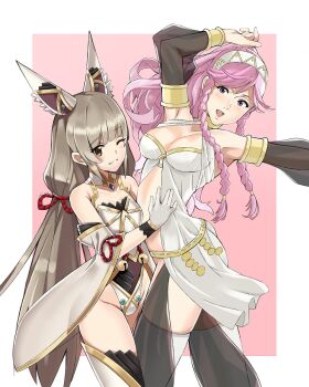 2girls animal_ears bare_shoulders blunt_bangs blush braid breasts cat_ears crossover fire_emblem fire_emblem_awakening fire_emblem_heroes gloves hairband highres j@ck jewelry leotard loli long_hair looking_at_viewer midriff multiple_girls navel nia_(blade)_(xenoblade) nia_(xenoblade) nintendo niyah olivia_(fire_emblem) open_mouth pink_hair ponytail silver_hair simple_background smile spoilers super_smash_bros. twin_braids xenoblade_chronicles_(series) xenoblade_chronicles_2 yellow_eyes