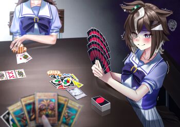 3girls absurdres ace_(playing_card) ace_of_hearts ahoge animal_ears ash_blossom_&amp;_joyous_spring blue_eyes blush bow bowtie breasts brown_hair card closed_mouth collarbone commentary_request exodia_the_forbidden_one hair_ornament hair_over_one_eye heart highres holding holding_card horse_ears horse_girl horse_tail jack_(playing_card) jack_of_hearts king_(playing_card) king_of_hearts_(playing_card) manjo_(warito) motion_lines multicolored_hair multiple_girls nakayama_festa_(umamusume) nervous partially_shaded_face playing_card pleated_skirt poker_chip pov pov_hands puffy_short_sleeves puffy_sleeves purple_bow purple_bowtie purple_shirt queen_(playing_card) queen_of_hearts_(playing_card) rulership_(umamusume) sailor_collar sailor_shirt school_uniform shirt short_hair short_sleeves sitting skirt streaked_hair summer_uniform table tail ten_of_hearts too_many_cards tracen_school_uniform trembling umamusume uno_(game) white_sailor_collar white_skirt yu-gi-oh!