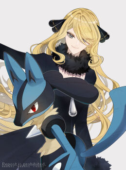 1girl 1other black_coat black_fur blonde_hair blue_fur body_fur closed_mouth coat cynthia_(pokemon) fur-trimmed_sleeves fur_collar fur_trim furry gen_4_pokemon grey_eyes hair_ornament hair_over_one_eye highres long_hair long_sleeves looking_at_viewer lucario multicolored_fur nintendo pokemon pokemon_(creature) pokemon_dppt red_eyes sakaralalala simple_background smile snout spikes very_long_hair yellow_fur