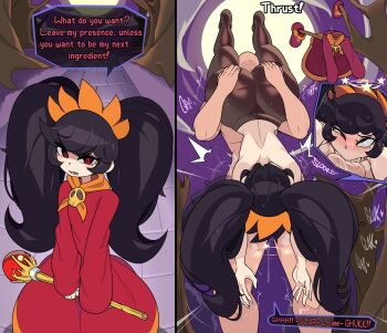 1boy 1girl 69 absurdres ashley_(warioware) ass back black_hair blush captain_kirb commentary commission disgust dress english_commentary english_text fellatio grabbing_another's_ass groping headband highres lifting_person nintendo nude oral pantyhose penis red_dress rolling_eyes skull_ornament sound_effects thighs topless_female twintails wand warioware