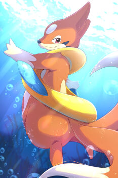 air_bubble brown_eyes bubble closed_mouth commentary_request fang fang_out floatzel gen_4_pokemon highres light_rays looking_at_viewer nintendo no_humans pokemon pokemon_(creature) pokemon_focus rumine_(yoshi1234567) smile solo underwater