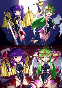 2girls absurdres ahegao alternate_costume alternate_weapon angel_wings arm_up arms_behind_head bad_end black_gloves black_leotard black_thighhighs blunt_bangs breath clitoral_stimulation closed_mouth contemporary covered_navel cowboy_shot crown cum cum_in_pussy defeat dragon_girl dragon_wings drooling elbow_gloves feet_out_of_frame fire_emblem fire_emblem:_mystery_of_the_emblem fire_emblem:_shadow_dragon fire_emblem:_the_sacred_stones fishnets flat_chest fur_trim gloves green_eyes green_hair hair_tie hand_up hands_up helpless highres hondaranya instant_loss leotard loli long_hair looking_at_another looking_to_the_side looking_up matching_hair/eyes mogall moon multi-tied_hair multiple_girls myrrh_(fire_emblem) night nintendo nipple_stimulation nipple_tweak open_mouth pale_skin parody pink_skirt ponytail power_connection purple_hair rape red_eyes red_skirt restrained reverse_grip ribbon saliva sequential shiny_skin sideways_glance simple_background skirt sky slime spread_legs standing star_(sky) starry_sky sword taimanin_(series) taimanin_yukikaze tearing_up teeth tentacle_sex tentacles thighhighs tiara tiki_(fire_emblem) tiki_(young)_(fire_emblem) tongue tongue_out trait_connection twintails vaginal weapon wings yellow_wings