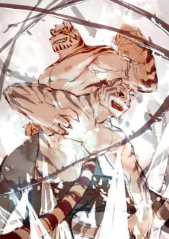 2boys abs animal_ears back-to-back bara battle commentary english_commentary facial_hair feet_out_of_frame fighting_stance from_below furry furry_male goatee grin highres large_hands large_pectorals male_focus multiple_boys multiple_views muscular muscular_male nipples original pants pectorals scar scar_across_eye scar_on_face short_hair sketch smile tail thick_eyebrows tiger_boy tiger_ears tiger_stripes tiger_tail topless_male white_fur wincalblanke