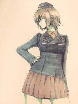 Rule 34 | 1girl, black hat, black jacket, breasts, brown eyes, brown hair, commentary request, cross, gachiling, garrison cap, girls und panzer, hand on own hip, hat, highres, iron cross, jacket, kuromorimine military uniform, large breasts, long sleeves, looking to the side, military, military hat, military jacket, military uniform, miniskirt, nishizumi maho, pleated skirt, red shirt, red skirt, shirt, short hair, simple background, skirt, solo, traditional media, upper body, white background