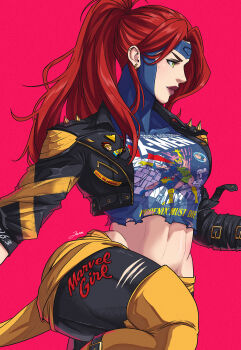 Rule 34 | 1girl, 2025, commentary, cyclops (x-men), earrings, english commentary, green eyes, highres, jean grey, jewelry, jhony caballero, long hair, marvel, ponytail, red hair, signature, solo, x-men