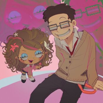 2boys american_dad! arm_support big_hair black_pants blue_eyeshadow brown_cardigan brown_hair candy cardigan collared_shirt crossdressing crossdressing_(mtf) eyeshadow family_guy flower food glasses grin gyaru hair_flower hair_ornament highres holding holding_candy holding_food holding_lollipop leg_warmers lollipop looking_at_viewer makeup male_focus multiple_boys nikokoro pants pink_flower pink_lips pink_streaks pink_sweater shirt short_hair smile steve_smith stewie_griffin sweater teeth white_flower white_leg_warmers white_shirt