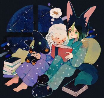 2boys animal_ear_fluff animal_ears animal_slippers blunt_ends blush boned_meat book book_stack closed_eyes closed_mouth commentary_request cyno_(genshin_impact) dark-skinned_male dark_skin dot_nose food genshin_impact green_eyes green_hair green_pajamas highres holding holding_book holding_stuffed_toy image_in_thought_bubble li04r long_sleeves looking_at_another looking_to_the_side male_focus meat multicolored_hair multiple_boys open_book pajamas parted_bangs pillow purple_pajamas shooting_star sideways_glance sitting sky sleeping slippers smile speech_bubble star_(sky) star_(symbol) starry_sky streaked_hair stuffed_animal stuffed_toy thought_bubble tighnari_(genshin_impact) white_hair window