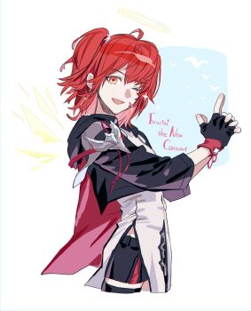 1girl arknights black_gloves black_jacket black_shorts character_name commentary_request cowboy_shot detached_wings energy_wings exusiai_(arknights) exusiai_the_new_covenant_(arknights) fingerless_gloves gloves halo hands_up highres index_fingers_raised jacket looking_at_viewer matsuba_(mtbsbr721) medium_hair one_eye_closed one_side_up open_mouth own_hands_together red_hair shorts smile solo sparkle traditional_halo wings yellow_eyes yellow_halo