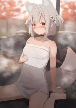 1girl absurdres animal_ears autumn barefoot black_choker breasts choker cleavage commentary_request double_bun fox_ears fox_girl fox_tail grey_hair hair_bun hair_ornament highres hinata_(user_rjkt4745) looking_at_viewer medium_breasts naked_towel onsen original partially_submerged short_hair sitting solo tail toes towel twitter_username water wet x_hair_ornament