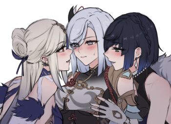 Rule 34 | 3girls, a ai ri, blue hair, blue streaks, blush, braid, breasts, commentary, crown braid, earrings, fingerless gloves, genshin impact, gloves, green eyes, grey gloves, grey hair, half updo, highres, jewelry, linked piercing, long hair, medium breasts, medium hair, multiple girls, ningguang (genshin impact), ningguang (orchid's evening gown) (genshin impact), piercing, red eyes, shenhe (genshin impact), short hair, simple background, sweatdrop, upper body, white background, yelan (genshin impact), yuri