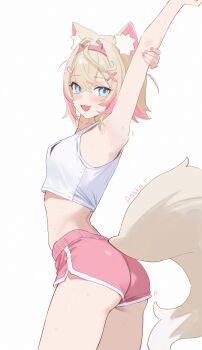 Rule 34 | 1girl, :d, absurdres, animal ear fluff, animal ears, anska, arm up, ass, blonde hair, blue eyes, blush, breasts, cowboy shot, crop top, dog ears, dog girl, dog tail, dolphin shorts, fang, hair ornament, hairband, hand on own arm, highres, hololive, hololive english, midriff, mococo abyssgard, multicolored hair, open mouth, pink hair, pink hairband, pink shorts, short hair, short shorts, shorts, simple background, small breasts, smile, solo, streaked hair, sweat, tail, tank top, thighs, two-tone hair, virtual youtuber, white background, white tank top, white trim, x hair ornament