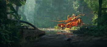 Rule 34 | 1other, absurdres, animal, bird, commentary, crab claw, day, english commentary, felixriano, grass, green theme, highres, landscape, leaf, light rays, lobster, original, oversized animal, painterly, palm tree, plant, post-apocalypse, reflection, reflective liquid, riding, riding animal, ruins, scenery, seagull, tower, tree, vines, water, wreckage