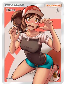 Rule 34 | 1girl, absurdres, baseball cap, black shirt, blue shorts, blush, border, breasts, brown eyes, brown hair, card (medium), commentary, dilan griz, elaine (pokemon), english commentary, hands up, hat, highres, kneeling, looking at viewer, medium breasts, nintendo, open mouth, parted bangs, pokemon, pokemon lgpe, pokemon tcg, red hat, red shoes, shirt, shoes, short hair, short shorts, short sleeves, shorts, small sweatdrop, solo, trading card, white border