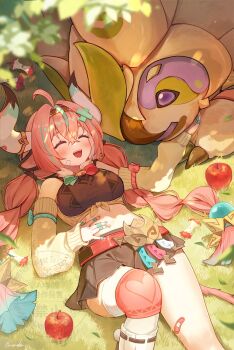 1girl :d ^_^ ahoge amaneko_(amaneko_y) animal_ears apple bare_shoulders black_skirt blush closed_eyes commentary_request cow_ears cow_girl cow_horns crop_top day detached_sleeves food fruit genshin_impact hair_between_eyes highres horns long_hair long_sleeves lying navel on_back on_grass open_mouth outdoors pink_hair single_thighhigh skirt smile solo stomach tatankasaurus_(genshin_impact) teeth thighhighs upper_teeth_only varesa_(genshin_impact) very_long_hair yellow_sleeves