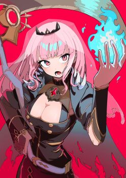 1girl black_dress black_tiara blue_fire breasts cape cleavage detached_sleeves dress fire hand_on_own_hip hanten_(hantennano) highres holding holding_scythe hololive hololive_english large_breasts long_hair looking_at_viewer mori_calliope mori_calliope_(1st_costume) open_mouth pink_eyes pink_hair red_eyes scythe shoulder_spikes skull_choker solo spiked_cape spikes tiara veil virtual_youtuber