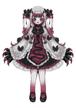 Rule 34 | 1girl, absurdres, black eyes, blunt bangs, bow, bowtie, braid, butterfly-shaped pupils, butterfly hair ornament, claws, double bun, dress, footwear bow, frilled cape, frilled dress, frills, full body, gradient legwear, hair bow, hair bun, hair ornament, highres, horns, long hair, mary janes, multicolored hair, original, pantyhose, pink hair, pink pupils, shiona (siona0625), shoes, skin-covered horns, solo, straight-on, symbol-shaped pupils, two side up, very long hair, white hair