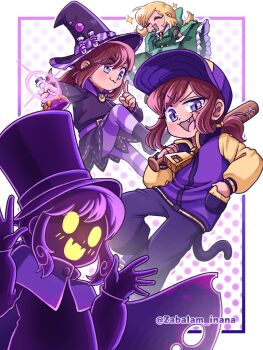 1girl :3 a_hat_in_time baseball_bat baseball_cap belt black_choker blonde_hair blue_eyes boots border bow brown_hair bubble cape child choker closed_eyes closed_mouth colored_skin commentary_request cosplay dot_nose dress elbow_gloves erlenmeyer_flask fake_tail fangs flask gloves green_bow green_dress green_gloves hair_bow hand_in_pocket hands_up hat hat_kid hat_ribbon holding holding_baseball_bat holding_potion index_finger_raised jacket long_sleeves medium_hair multicolored_jacket multiple_views official_alternate_costume open_hands open_mouth outside_border over_shoulder pants pantyhose polka_dot polka_dot_background ponytail purple_belt purple_boots purple_cape purple_dress purple_hat purple_jacket purple_pants purple_pantyhose purple_ribbon purple_shoes purple_skin purple_tail queen_vanessa queen_vanessa_(cosplay) ribbon shoes sidelocks smile snatcher_(a_hat_in_time) sparkle star_(symbol) star_sticker sticker striped_clothes striped_pantyhose tail test_tube top_hat torn_cape torn_clothes twitter_username two-tone_jacket weapon weapon_over_shoulder witch_hat yellow_eyes yellow_jacket zabalam_inana zipper_pull_tab