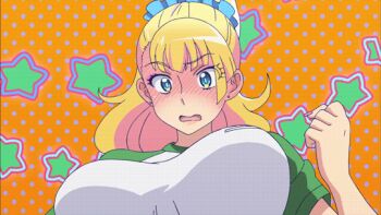1girl animated animated_gif anime_screenshot blonde_hair blue_eyes blush bouncing_breasts breasts earrings galko gym_uniform huge_breasts jewelry large_breasts nail_polish oshiete!_galko-chan running sweat