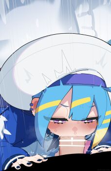 1boy 1girl absurdres bar_censor blonde_hair blue_hair blue_jacket blue_nails bright_pupils censored commentary_request deepthroat dress duel_monster fellatio fingernails hat hetero highres jacket lil-la_(yu-gi-oh!) live_twin_lil-la loli mizumizuni multicolored_hair nail_polish oral penis purple_eyes solo_focus two-tone_hair white_dress white_hat white_pupils yu-gi-oh!