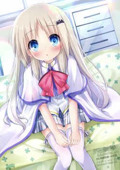 Rule 34 | 1girl, :o, bat hair ornament, bed, blonde hair, blue eyes, blush, bow, bowtie, cape, feet out of frame, from above, grey skirt, hair ornament, highres, indoors, kudpoid (71139), little busters!, long hair, looking at viewer, noumi kudryavka, on bed, parted lips, pink bow, pink bowtie, plaid clothes, plaid skirt, shirt, sitting, skirt, solo, surprised, thighhighs, twitter username, watermark, white cape, white shirt, white thighhighs, zettai ryouiki