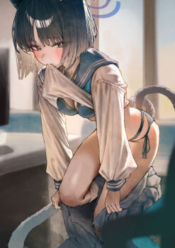 1girl animal_ears betabeet bikini bikini_under_clothes black_bikini black_eyes black_hair blue_archive blue_bikini blue_halo blue_sailor_collar blue_skirt blush breasts cat_ears cat_girl cat_tail cleavage commentary halo highres kikyou_(blue_archive) layered_bikini long_sleeves looking_at_viewer medium_breasts mouth_hold multiple_tails pleated_skirt puffy_long_sleeves puffy_sleeves sailor_collar shirt short_hair side-tie_bikini_bottom skirt solo standing standing_on_one_leg swimsuit tail thighs two_tails undressing white_shirt