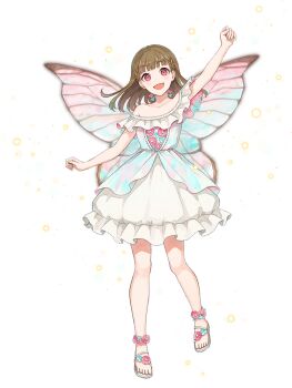 Rule 34 | 1girl, arm up, bare shoulders, blunt bangs, bow, braid, brown hair, center-flap bangs, collarbone, dress, fairy, fairy wings, full body, game cg, hair bow, hasunosora fantasy, iridescent clothes, kachimachi kosuzu, link! like! love live!, looking at viewer, love live!, non-web source, off-shoulder dress, off shoulder, official alternate costume, official art, pink bow, pink eyes, sandals, side braids, simple background, solo, transparent background, white dress, white sandals, wings