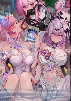 1boy 4girls absurdres bathing blush breasts caelus_(honkai:_star_rail) castorice_(honkai:_star_rail) cyrene_(honkai:_star_rail) efuri_(riarea00) evernight_(honkai:_star_rail) grabbing_another's_breast groping highres honkai:_star_rail honkai_(series) hyacine_(honkai:_star_rail) large_breasts long_hair looking_at_viewer march_7th_(honkai:_star_rail) multiple_girls navel pink_hair pointy_ears purple_eyes red_eyes short_hair trailblazer_(honkai:_star_rail) twintails water