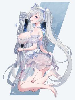 1girl absurdres arm_cuffs ass bare_legs blue_background blue_bow blue_eyes blush bow breasts choker cinderella_(glass_princess)_(nikke) cinderella_(nikke) commentary corset crown dress eyes_visible_through_hair from_side full_body goddess_of_victory:_nikke grey_background grey_choker grey_dress grey_hair grey_skirt hair_bow hair_over_one_eye high_heels highres jumping large_breasts long_hair looking_at_viewer looking_back maya_(m4yatic) mini_crown mirror official_alternate_costume panties panties_visible_through_clothes parted_bangs parted_lips see-through_clothes see-through_cuffs see-through_dress see-through_footwear see-through_skirt shoes simple_background skirt skirt_hold sleeveless sleeveless_dress smile solo swept_bangs tilted_headwear toes twintails two-tone_background underwear very_long_hair white_corset white_panties white_shoes