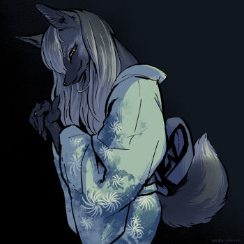 1girl black_background blue_kimono body_fur claws cowboy_shot fox_girl furry furry_female grey_fur grey_hair hands_up highres japanese_clothes kimono long_hair looking_at_viewer original shirai_keita simple_background solo yellow_eyes