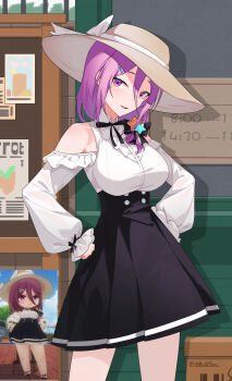 1girl absurdres adversarial_noise azur_lane bare_legs bare_shoulders black_bow black_ribbon blush bow box breasts brown_hat bulletin_board buttons chibi chinese_commentary closed_mouth commentary_request cowboy_shot double-breasted dress frilled_dress frills game_screenshot_inset hair_between_eyes hair_ornament hands_on_own_hips hat highres inset looking_at_viewer medium_breasts medium_hair neck_ribbon note open_mouth paper patrick_(azur_lane) ping_zhong_yu puffy_sleeves purple_dress purple_eyes purple_hair reference_inset ribbon screenshot_inset shadow sign signature smile solo sun_hat thighs white_dress white_ribbon
