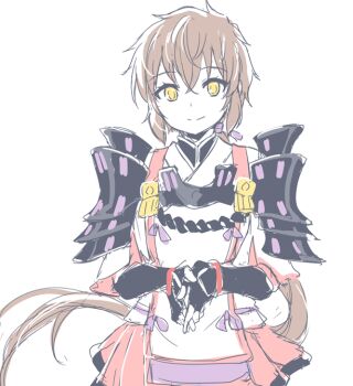 1girl armor black_gloves brown_hair closed_mouth fingerless_gloves gloves japanese_armor long_hair looking_at_viewer lora_(xenoblade) mizuki_riko simple_background smile solo upper_body very_long_hair white_background xenoblade_chronicles_(series) xenoblade_chronicles_2 xenoblade_chronicles_2:_torna_-_the_golden_country yellow_eyes