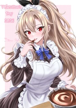 Rule 34 | 1girl, absurdres, alternate costume, apron, artist name, black dress, black ribbon, blue ribbon, border, breasts, brown hair, chocolate, chocolate making, chocolate on hand, commentary, dated, dress, english commentary, eydis (sao), eyelashes, food on hand, frilled apron, frilled wrist cuffs, frills, hair between eyes, hair ribbon, hand up, high ponytail, highres, large breasts, licking, licking finger, light blush, long hair, long sleeves, looking at viewer, maid, maid headdress, messy hair, mixed-language commentary, mixing bowl, neck ribbon, open mouth, outside border, phanuchan, pink background, ponytail, red eyes, ribbon, sidelocks, signature, solo, sword art online, sword art online: alicization, sword art online: unleashed blading, tongue, tongue out, upper body, valentine, watermark, white apron, white background, white border, white wrist cuffs, wrist cuffs