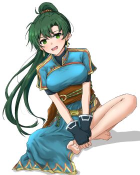 barefoot belt black_gloves blue_dress blush breasts brown_belt china_dress chinese_clothes commentary_request dress earrings fingerless_gloves fire_emblem fire_emblem:_the_blazing_blade gloves gold_trim green_eyes green_hair highres jewelry long_hair looking_at_viewer lyn_(fire_emblem) medium_breasts nintendo own_hands_together pelvic_curtain ponytail sash shadow short_sleeves simple_background sitting smile vankin very_long_hair white_background