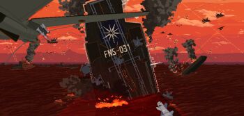 Rule 34 | aerial battle, aircraft, aircraft carrier, airplane, battle, black smoke, burning, destruction, explosion, f-14 tomcat, fire, firing, highres, littoral combat ship, mikecraftz, military, military vehicle, missile, missile trail, naval battle, orange sky, pacific federation flag, pixel art, project wingman, projectile trail, ship, sinking, sky, war, warship, watercraft