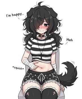 1girl ahoge animal_ears arm_at_side arm_support bandaged_arm bandages black_collar black_hair black_shorts black_tail black_thighhighs blush chair closed_mouth collar commentary cowboy_shot crew_neck crop_top cropped_shirt dog_ears dog_girl dog_tail drawstring droopy_ears english_commentary frilled_shorts frilled_sleeves frills groin hair_over_one_eye kryawanii long_bangs long_hair low_twintails messy_hair midriff navel nose_blush on_chair one_eye_covered original parted_bangs pinching_own_belly print_shorts shirt short_shorts short_sleeves shorts simple_background sitting solo sound_effects star_(symbol) star_print straight-on striped_clothes striped_shirt sweat tail thighhighs tied_drawstring twintails twitter_username white_background