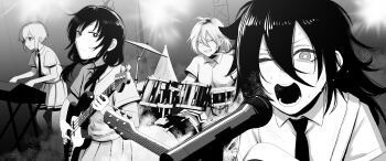 4girls absurdres bags_under_eyes band_(music) bass_guitar closed_mouth collared_shirt commentary_request commission cymbals drum drum_set electric_guitar fender_jazz_bass freckles greyscale grin guitar hair_between_eyes highres holding holding_instrument instrument keyboard_(instrument) koma_neko kuroki_tomoko long_hair looking_at_viewer low_twintails messy_hair microphone monochrome multiple_girls music necktie one_eye_closed playing_instrument pleated_skirt school_uniform shirt short_hair short_sleeves singing sitting skeb_commission skirt smile stage stage_lights standing sweat tamura_yuri tanaka_mako teeth twintails watashi_ga_motenai_no_wa_dou_kangaetemo_omaera_ga_warui! yoshida_masaki