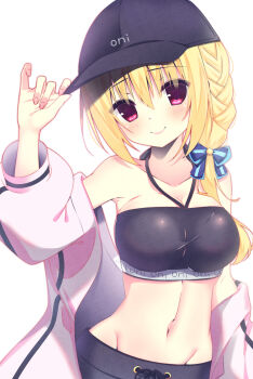 Rule 34 | 1girl, alternate costume, bare shoulders, baseball cap, black hat, black sports bra, blonde hair, blue bow, blush, bow, braid, breasts, cleavage, closed mouth, clothes writing, collarbone, commentary request, cowboy shot, eyes visible through hair, groin, hair between eyes, hair bow, halterneck, hamidashi creative, hand on headwear, hand up, hat, highres, izumi hiyori, jacket, jacket partially removed, large breasts, lips, long hair, long sleeves, looking at viewer, low ponytail, navel, open clothes, open jacket, pink jacket, pinky out, ponytail, puffy long sleeves, puffy sleeves, red eyes, romaji text, side braid, sidelocks, simple background, smile, solo, sports bra, stomach, sukonbu385, watermark, white background