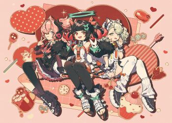 3girls :d ;p angels_of_delusion animal_ear_hairband animal_ears apron aqua_bow aria_(discordant_note)_(zenless_zone_zero) aria_(zenless_zone_zero) arrow_(symbol) arrow_through_heart asymmetrical_bangs asymmetrical_legwear bag bell black_bow black_bridal_gauntlets black_choker black_dress black_hair black_sandals black_shoes black_sleeves black_socks black_streaks black_thighhighs blue_eyes blunt_bangs blush bow bridal_gauntlets candy cat cat_ear_hairband cat_ears cat_hair_ornament cherry choker closed_mouth clothing_cutout commentary_request cross-laced_clothes crossed_bangs cup cupcake detached_collar detached_sleeves donut dress earrings eyelashes fake_animal_ears food frilled_apron frilled_dress frilled_wrist_cuffs frills fruit fur-trimmed_sleeves fur_trim ghost_hair_ornament green_eyes green_nails hair_between_eyes hair_bow hair_intakes hair_ornament hairband hairclip halo hand_up hands_up headgear heart heart_earrings highres hot_chocolate jewelry jingle_bell keishin layered_dress leg_warmers long_sleeves looking_at_viewer maid maid_apron maid_headdress marshmallow medium_hair mug multicolored_hair multiple_girls nail_polish nangong_yu navel_cutout neck_bell official_alternate_costume one_eye_closed one_side_up open_mouth parted_bangs pink_background pink_bow pink_hair pink_pupils platform_sandals platform_shoes pleated_dress quad_tails raised_eyebrows red_bow red_eyes red_nails sandals shoes short_dress short_sleeves single_sock single_thighhigh skull_ornament sleeveless sleeveless_dress smile socks spaghetti_strap sparkle strapless strapless_dress streaked_hair sunna_(afternoon_tea_break)_(zenless_zone_zero) sunna_(zenless_zone_zero) tearing_up teeth thighhighs toenail_polish toenails toes tongue tongue_out twintails upper_teeth_only v white_apron white_cat white_dress white_leg_warmers white_thighhighs white_wings wing_collar wings wrist_cuffs zenless_zone_zero