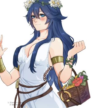 1girl absurdres armlet bare_shoulders blue_eyes blue_hair bracelet brand_of_the_exalt breasts commentary dress english_commentary fire_emblem fire_emblem_awakening fire_emblem_heroes flower hair_between_eyes hair_flower hair_ornament head_wreath highres jewelry long_hair lucina_(fire_emblem) lucina_(valentine)_(fire_emblem) medium_breasts nintendo official_alternate_costume sierra117renner simple_background sleeveless sleeveless_dress smile solo symbol_in_eye white_background white_dress