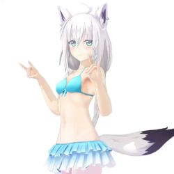 1girl 3d ahoge alternate_hairstyle animal_ears animated bikini blue_eyes blush braid breasts collarbone fox_ears fox_girl fox_shadow_puppet fox_tail hair_between_eyes hololive looking_at_viewer navel official_alternate_costume onda_(nac_nac) one_eye_closed shirakami_fubuki shirakami_fubuki_(hololive_summer_2019) silver_hair small_breasts solo swimsuit tail twin_braids video virtual_youtuber white_background
