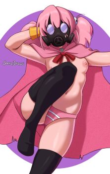 1girl arm_behind_head arm_up artist_name black_thighhighs breasts cape feet_out_of_frame female_focus gas_mask gloves knee_up leg_up mahou_shoujo_magical_destroyers mask medium_hair navel nipples panties petite pink_(magical_destroyers) pink_cape pink_hair pink_panties purple_background simple_background small_breasts solo sooradraws standing standing_on_one_leg striped_clothes striped_panties thighhighs topless_female twintails two-tone_background two-tone_panties underwear white_background white_panties yellow_eyes