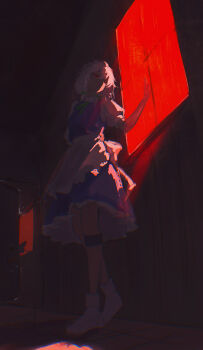 1girl absurdres apron back_bow bow braid commentary_request green_bow grey_hair hair_bow highres izayoi_sakuya long_hair maid maid_headdress puffy_short_sleeves puffy_sleeves red_eyes red_light shadow short_sleeves solo touhou twin_braids umbrella3650 waist_apron white_apron white_bow window