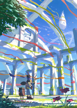 Rule 34 | 1other, antlers, arch, bag, bird, blue pants, boots, brown boots, brown hair, castle, commentary request, fanny pack, floating clothes, floating island, flower, gourd, grass, highres, holding, horns, katou oswaldo, original, overgrown, pants, petals, pink flower, plant, purple scarf, robot, scarf, short hair, socks, striped clothes, striped socks, tree, white flower