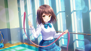 1girl :d ball blue_bow bow brown_eyes brown_hair cyberagent day dress_shirt girlfriend_(kari) gymnastics ribbon_baton hoop hula_hoop indoors kneehighs long_hair long_sleeves official_art open_mouth pink_ribbon plaid_clothes plaid_skirt qp:flapper rhythmic_gymnastics ribbon school_uniform shiina_kokomi shirt sitting skirt smile socks window