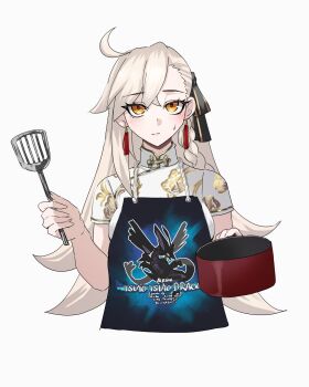 1girl ahoge apron braid china_dress chinese_clothes commentary_request cooking_pot cropped_torso dress earrings fate/grand_order fate_(series) grey_hair high_collar highres holding holding_cooking_pot holding_spatula jewelry light_blush long_hair looking_at_viewer olga_marie_animusphere orange_eyes shibao_aoyama short_sleeves side_braid simple_background solo spatula sweatdrop tassel tassel_earrings white_background
