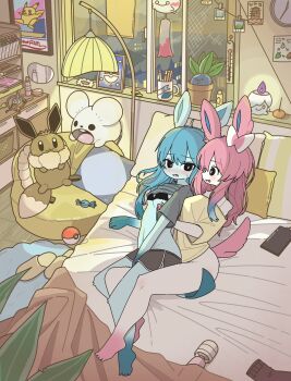 2girls animal_ears bedroom black_bra blue_hair blush body_fur bottomless bra bra_lift breasts candle candy cellphone charging_device chimecho clothes_lift coffee_mug cup diglett dolphin_shorts eevee fang food furry furry_female furry_with_furry gen_1_pokemon gen_3_pokemon gen_4_pokemon gen_5_pokemon gen_6_pokemon glaceon grabbing_another's_breast grabbing_from_behind grey_shirt grey_shorts groping highres hitachi_magic_wand indoors key klefki lamp litwick long_hair looking_at_another mike_no_hito mug multiple_girls nintendo oddish off-shoulder_shirt off_shoulder on_bed personification phone pikachu pillow pink_hair poke_ball pokemon poster_(object) rabbit_ears sex_toy shirt shirt_lift short_shorts short_sleeves shorts slippers small_breasts smartphone sweatdrop sylveon tail tandemaus thermometer toes underwear unworn_slippers vibrator window yellow_shirt yuri