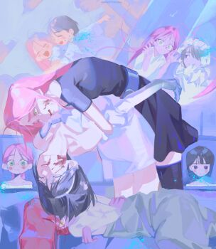 2girls aged_down alien_stage black_dress black_hair black_thighhighs blood blood_on_face bonnet closed_eyes commentary dress ellie_niunai_zhuyi_zhe frilled_bonnet frills glasses green_eyes hairband highres lying mizi_(alien_stage) multiple_girls on_bed on_side open_mouth pink_hair purple_eyes screen smile sua_(alien_stage) thighhighs white_dress white_hairband yellow_eyes