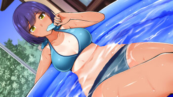 1girl alternate_costume aqua_bikini bare_arms bikini blue_sky breasts breasts_apart collarbone commentary_request cowboy_shot day dutch_angle eating food food_in_mouth foreshortening halterneck hand_up holding holding_food holding_popsicle large_breasts leaning_back looking_at_viewer medium_hair mole mole_under_eye multiple_moles nijisanji noragami_sota one-piece_tan outdoors partially_submerged popsicle popsicle_in_mouth purple_hair shizuka_rin sitting sky solo stomach swimsuit tan tanline variant_set virtual_youtuber wading_pool water wet yellow_eyes