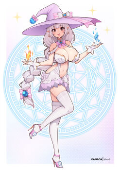 1girl :d absurdres bare_shoulders blue_nails border bow braid braided_ponytail breasts brown_eyes cleavage clothing_cutout commentary commission cryokinesis earrings elf fanbox_username fingerless_gloves fire full_body gloves gradient_background hat heart high_heels highres hip_vent ice_crystal jewelry large_breasts long_braid long_hair looking_at_viewer magic magic_circle magical_girl multicolored_nails nail_polish navel open_mouth original pink_bow pink_nails pink_shoes pointy_ears pyrokinesis revealing_clothes shoes single_braid smile solo star_(symbol) star_earrings stiletto_heels stomach striped_bow thighhighs toenail_polish toenails very_long_hair virus-g white_border white_gloves white_hair white_thighhighs witch_hat zettai_ryouiki